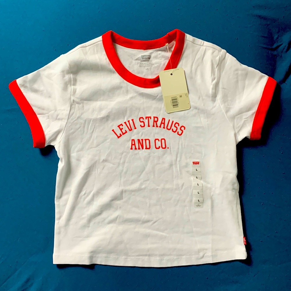 New Women's - Levi's Crop Top - White w/ Red writing and trim.